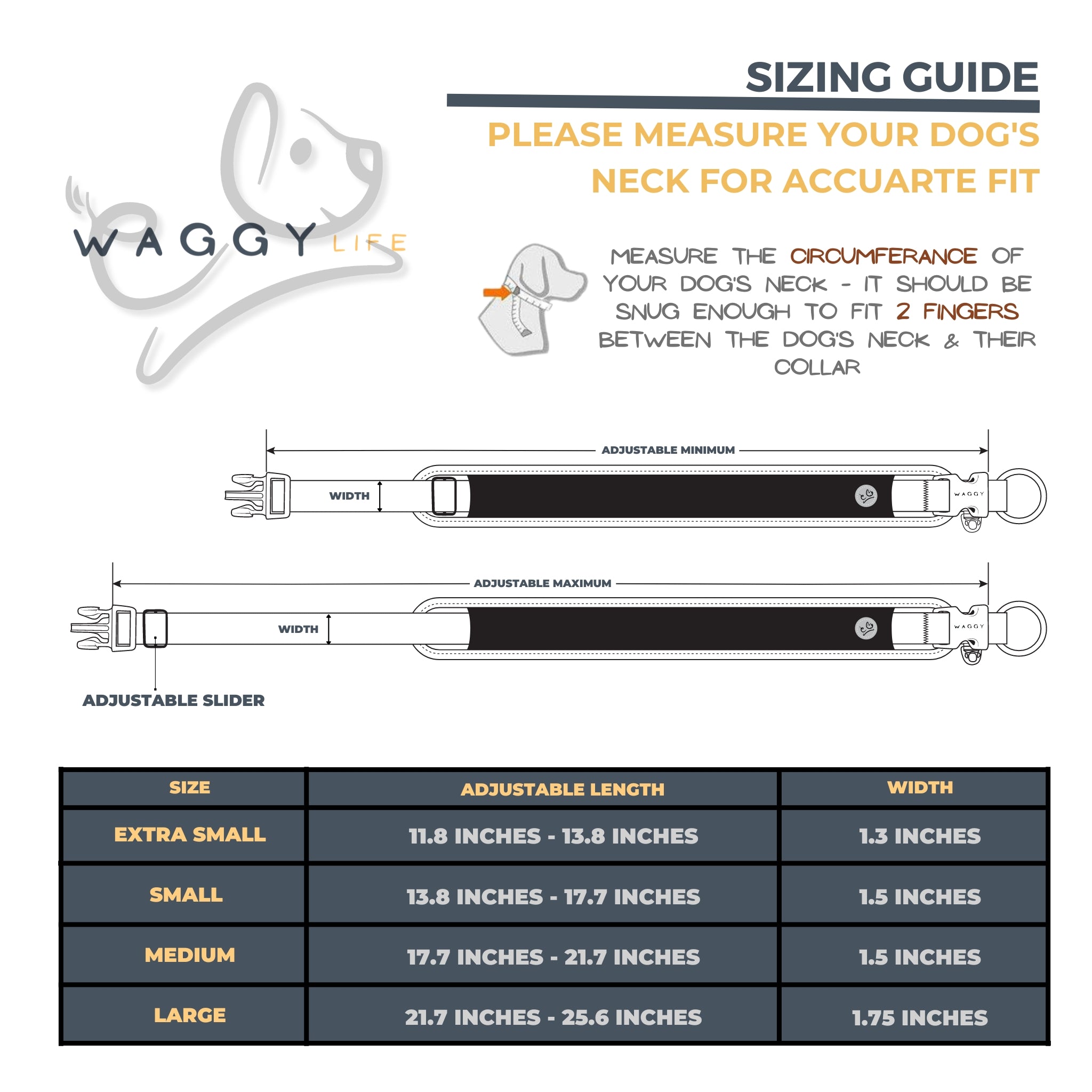 Waggy Air Mesh dog collar sizing guide details.  Air Mesh dog collar illustration showing adjustable minimum/maximum and adjustable slider. Measure the circumference of your dog's neck for accurate fit.