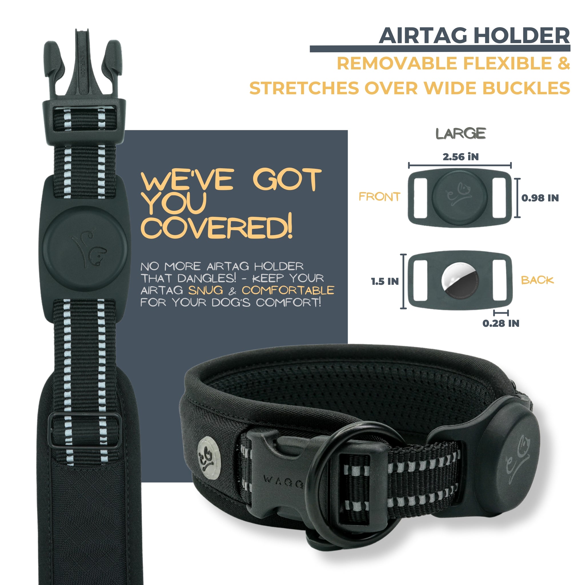 Black Air Mesh dog collar Airtag holder details. Removable; flexible; stretches over wide buckles. Airtag Holder exact measurements and shows a black collar with Airtag holder. No more Airtag holder that dangles. Airtag is to be snug & comfortable for your dog's comfort.