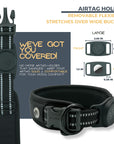 Black Air Mesh dog collar Airtag holder details. Removable; flexible; stretches over wide buckles. Airtag Holder exact measurements and shows a black collar with Airtag holder. No more Airtag holder that dangles. Airtag is to be snug & comfortable for your dog's comfort.
