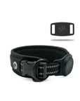 Black Air Mesh dog collar in the center showing details of the 3M reflective stitching  & airtag holder attached to the collar. Airtag holder on the right corner with Waggy logo.