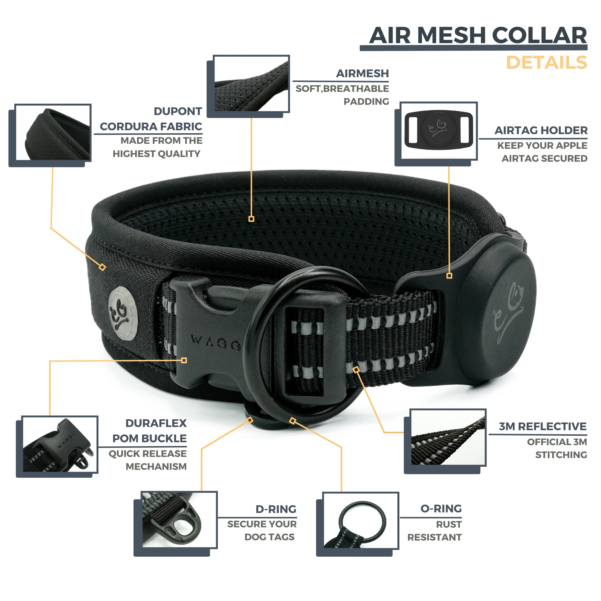 7 features & details regarding Black Air Mesh dog collar.  Dupont Cordura Fabric; Air Mesh padding; Airtag Holder; Duraflex buckle; D-ring; O-ring; 3M Reflective stitching with short description and close up images.