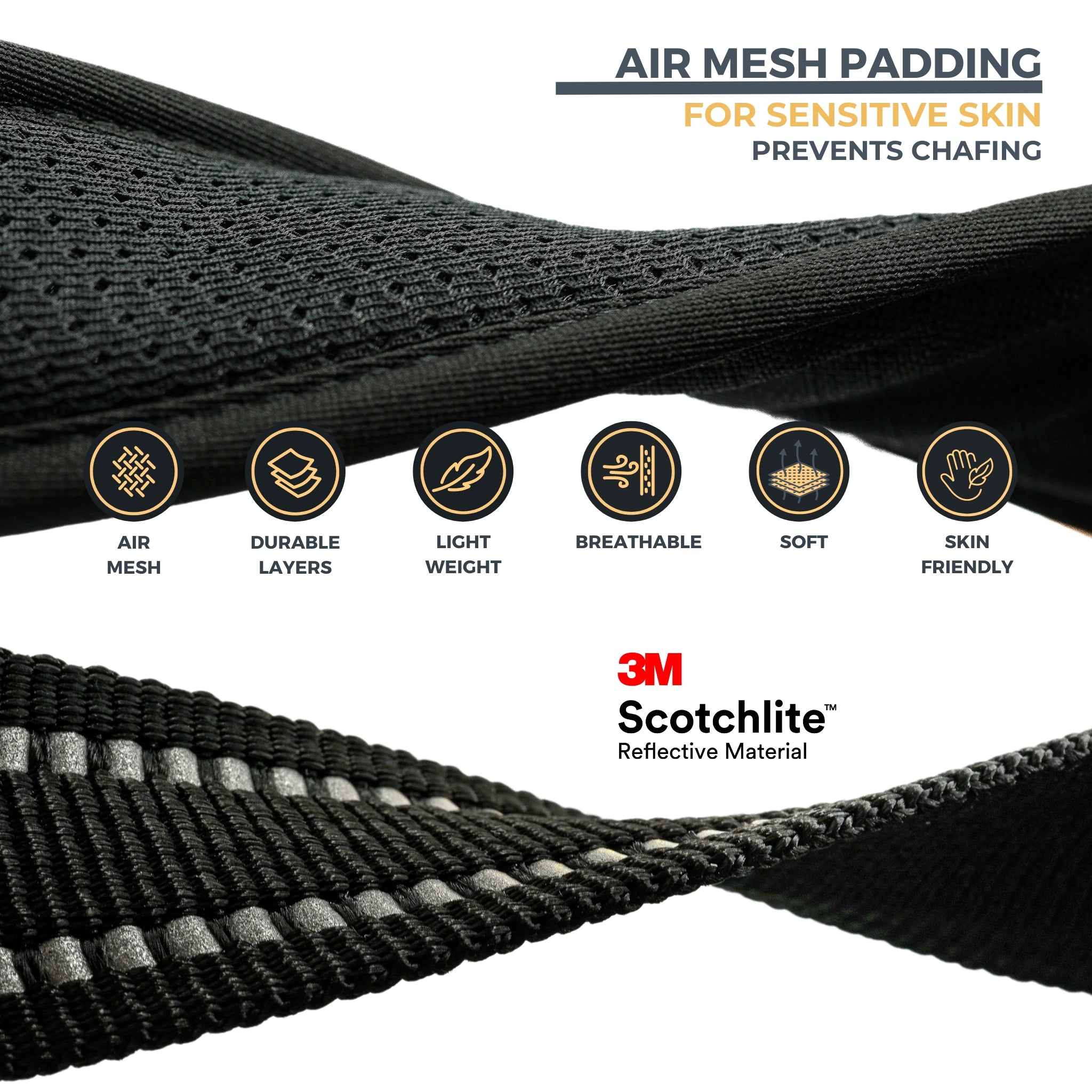 Black Air Mesh collar close up details regarding Air Mesh padding with 6 icons showing benefits: Air Mesh; durable layers; light weight;  breathable; soft; skin friendly. For sensitive skin, and prevents chafing. Close up details regarding 3M reflective stitching.