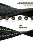 Black Air Mesh collar close up details regarding Air Mesh padding with 6 icons showing benefits: Air Mesh; durable layers; light weight;  breathable; soft; skin friendly. For sensitive skin, and prevents chafing. Close up details regarding 3M reflective stitching.