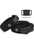 Two different size black Air Mesh dog collar showing details and different angels of the product centered. Airtag Holder with Waggy logo showing on the right corner.