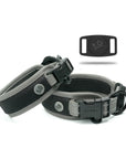 Two different size grey Air Mesh dog collar showing details and different angels of the product centered. Airtag Holder with Waggy logo showing on the right corner.