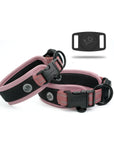 Two different size pink Air Mesh dog collar showing details and different angels of the product centered. Airtag Holder with Waggy logo showing on the right corner.