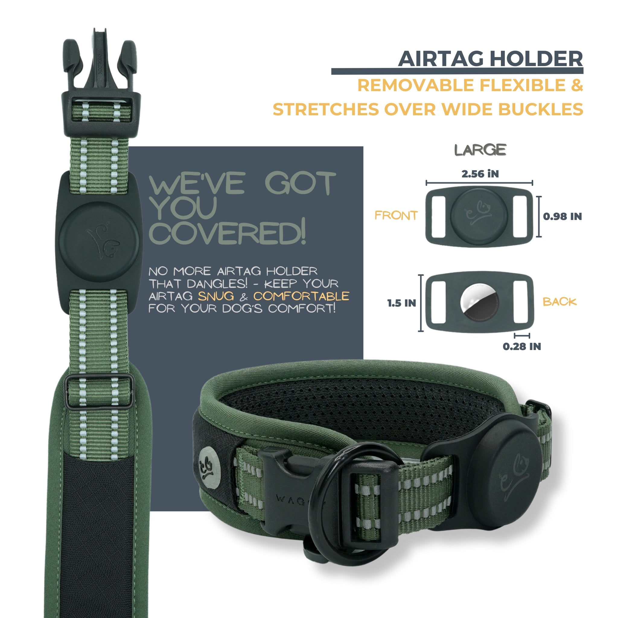 Green Air Mesh dog collar Airtag holder details. Removable; flexible; stretches over wide buckles. Airtag Holder exact measurements and shows a black collar with Airtag holder. No more Airtag holder that dangles. Airtag is to be snug & comfortable for your dog's comfort.