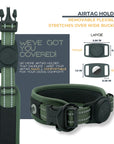 Green Air Mesh dog collar Airtag holder details. Removable; flexible; stretches over wide buckles. Airtag Holder exact measurements and shows a black collar with Airtag holder. No more Airtag holder that dangles. Airtag is to be snug & comfortable for your dog's comfort.