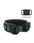 Green Air Mesh dog collar in the center showing details of the 3M reflective stitching & airtag holder attached to the collar. Airtag holder on the right corner with Waggy logo.