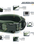 7 features & details regarding Green Air Mesh dog collar. Dupont Cordura Fabric; Air Mesh padding; Airtag Holder; Duraflex buckle; D-ring; O-ring; 3M Reflective stitching with short description and close up images.