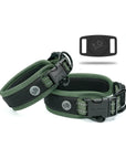 Two different size Green Air Mesh dog collar showing details and different angels of the product centered. Airtag Holder with Waggy logo showing on the right corner.