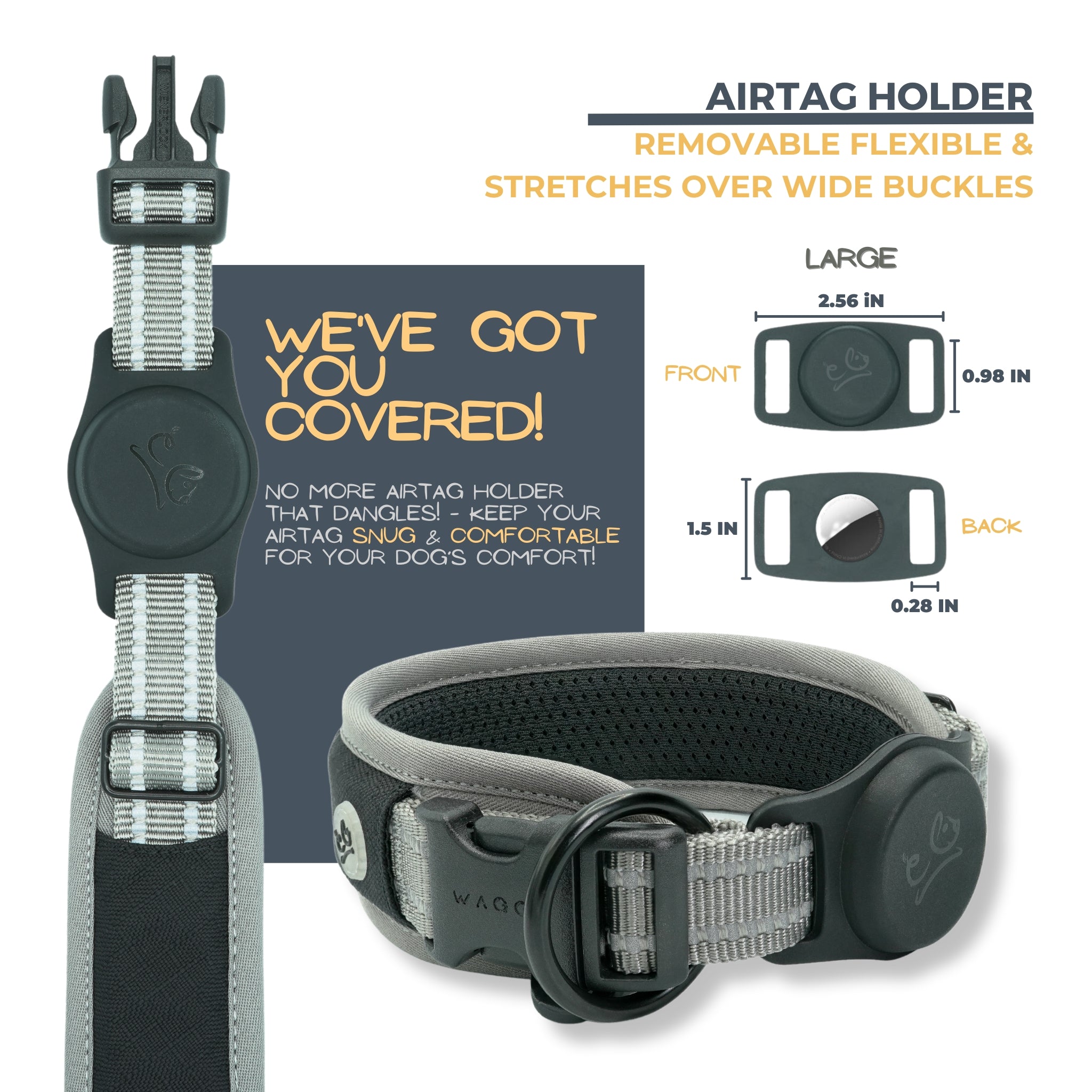 Grey Air Mesh dog collar Airtag holder details. Removable; flexible; stretches over wide buckles. Airtag Holder exact measurements and shows a black collar with Airtag holder. No more Airtag holder that dangles. Airtag is to be snug & comfortable for your dog's comfort.