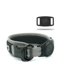 Grey Air Mesh dog collar in the center showing details of the 3M reflective stitching & airtag holder attached to the collar. Airtag holder on the right corner with Waggy logo.