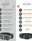 Grey Air Mesh dog collar comparative chart showing a comparison view from other brand collars. 6 icons showing all the features and comparing them to other brand collars. Prevents chafing; built to last; authentic 3M stitching, 2 year warranty; airtag holder that is snug/comfortable; light weight - less then 3oz. Compared to other brand; poor padding; cheap material; not standard reflective; no warranty; no Airtag holder; heavy on a dogs neck.