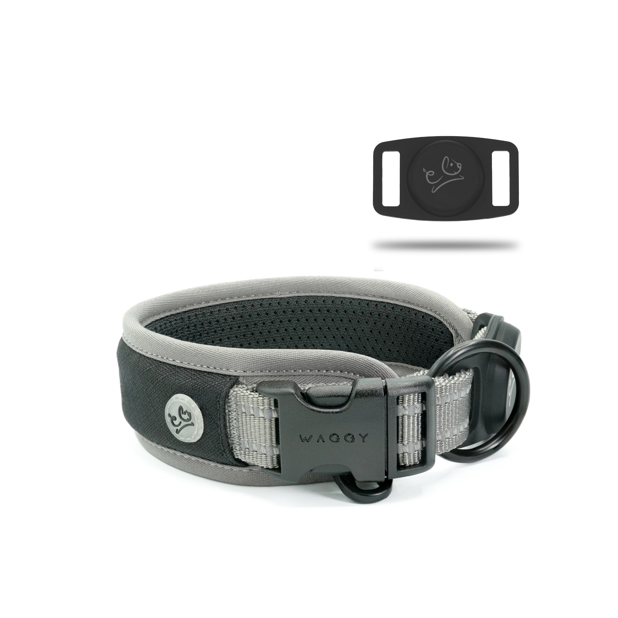 Front of the grey Air Mesh dog collar showing the inside of the air mesh padding. Airtag holder on the right corner displaying Waggy logo.