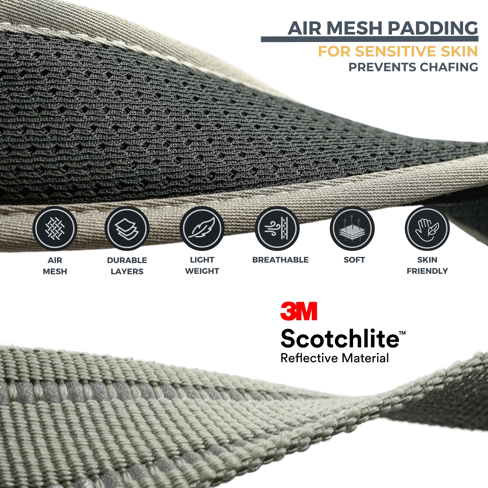 Grey Air Mesh collar close up details regarding Air Mesh padding with 6 icons showing benefits: Air Mesh; durable layers; light weight; breathable; soft; skin friendly. For sensitive skin, and prevents chafing. Close up details regarding 3M reflective stitching.