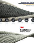 Grey Air Mesh collar close up details regarding Air Mesh padding with 6 icons showing benefits: Air Mesh; durable layers; light weight; breathable; soft; skin friendly. For sensitive skin, and prevents chafing. Close up details regarding 3M reflective stitching.