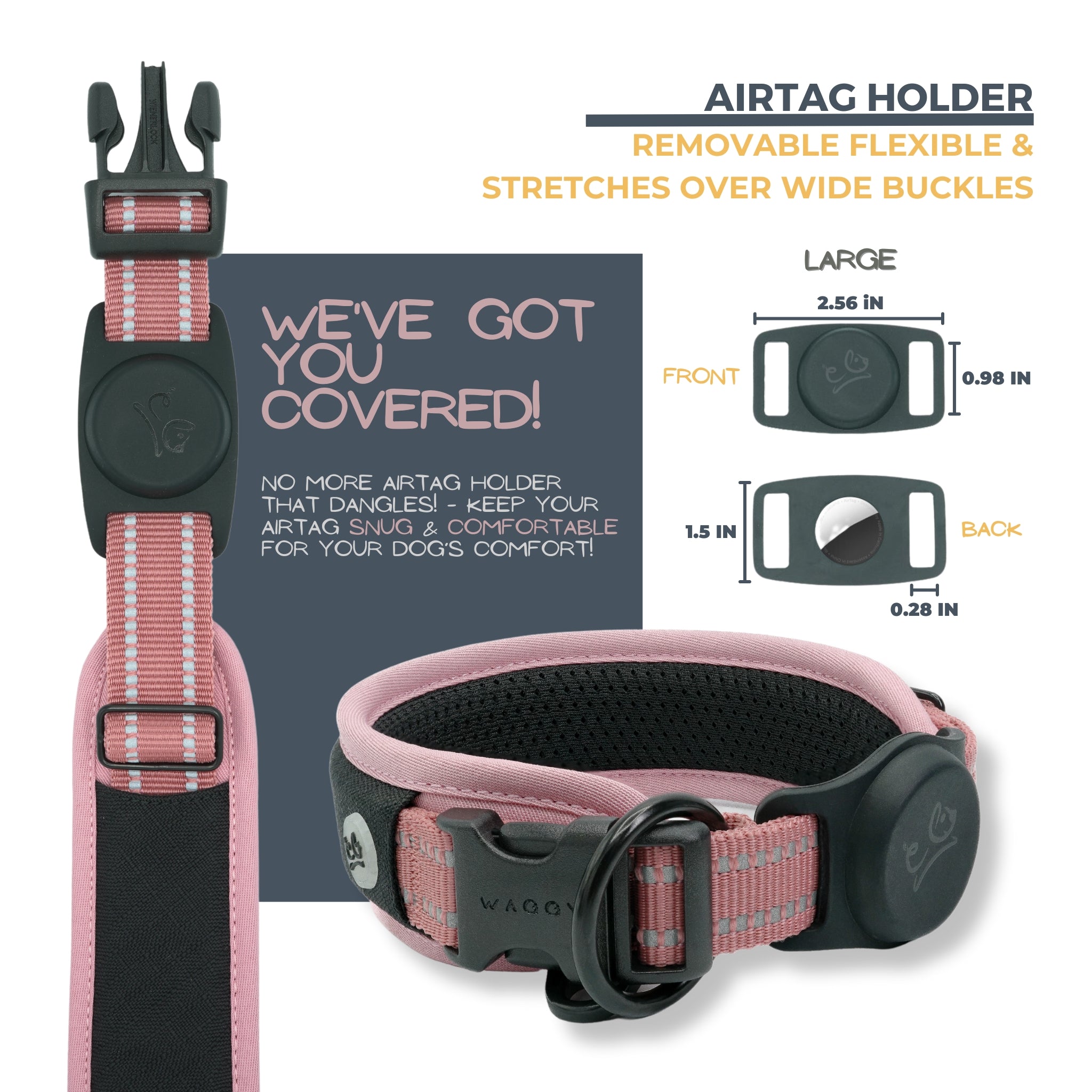 Pink Air Mesh dog collar Airtag holder details. Removable; flexible; stretches over wide buckles. Airtag Holder exact measurements and shows a black collar with Airtag holder. No more Airtag holder that dangles. Airtag is to be snug & comfortable for your dog's comfort.
