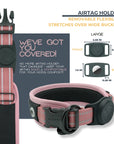 Pink Air Mesh dog collar Airtag holder details. Removable; flexible; stretches over wide buckles. Airtag Holder exact measurements and shows a black collar with Airtag holder. No more Airtag holder that dangles. Airtag is to be snug & comfortable for your dog's comfort.