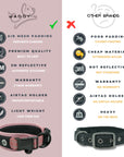 Pink Air Mesh dog collar comparative chart showing a comparison view from other brand collars. 6 icons showing all the features and comparing them to other brand collars. Prevents chafing; built to last; authentic 3M stitching, 2 year warranty; airtag holder that is snug/comfortable; light weight - less then 3oz. Compared to other brand; poor padding; cheap material; not standard reflective; no warranty; no Airtag holder; heavy on a dogs neck.