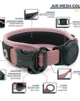 7 features & details regarding Pink Air Mesh dog collar. Dupont Cordura Fabric; Air Mesh padding; Airtag Holder; Duraflex buckle; D-ring; O-ring; 3M Reflective stitching with short description and close up images.