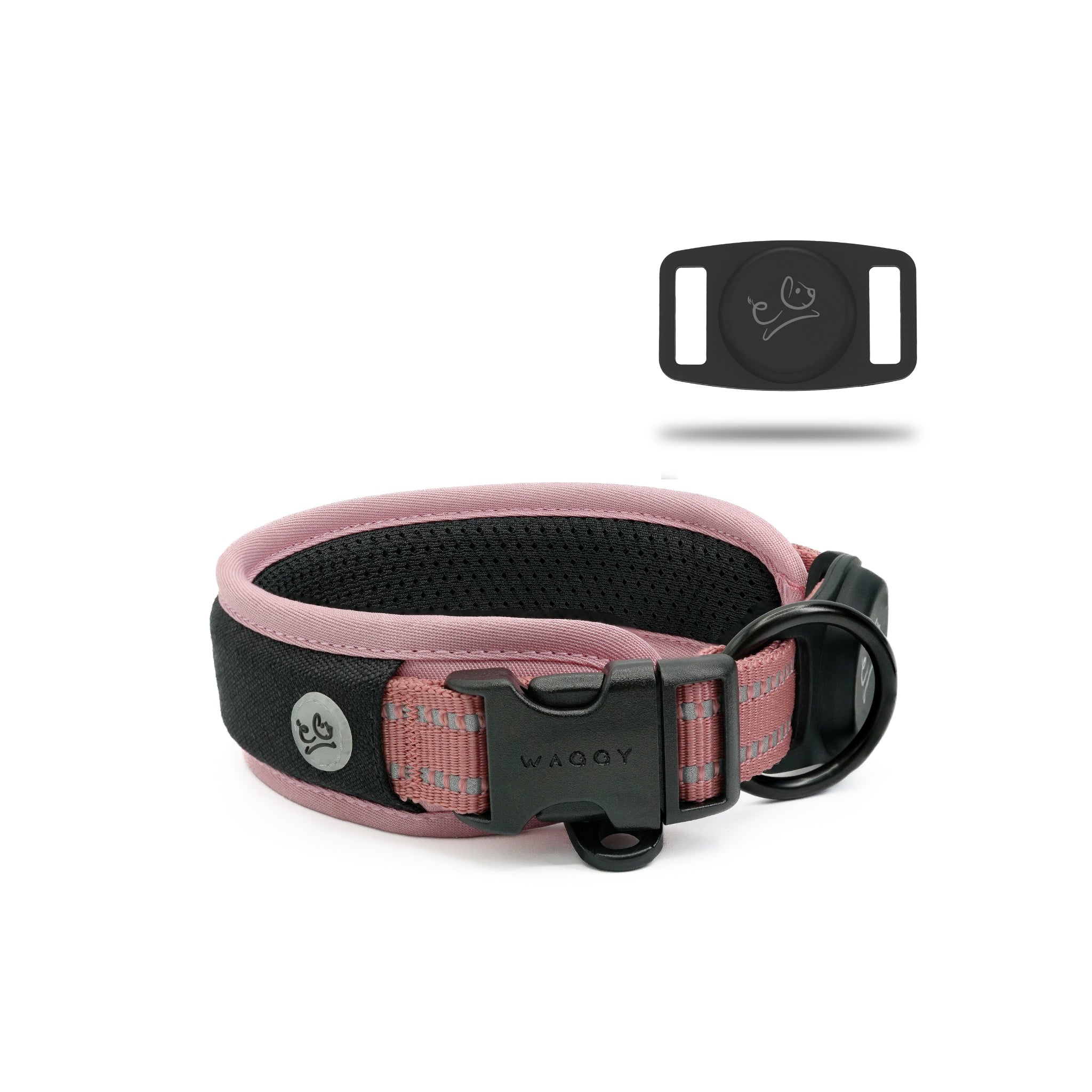 Front of the pink collar showing the inside of the air mesh padding. Airtag holder on the right corner displaying Waggy logo.