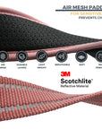 Pink Air Mesh collar close up details regarding Air Mesh padding with 6 icons showing benefits: Air Mesh; durable layers; light weight; breathable; soft; skin friendly. For sensitive skin, and prevents chafing. Close up details regarding 3M reflective stitching.