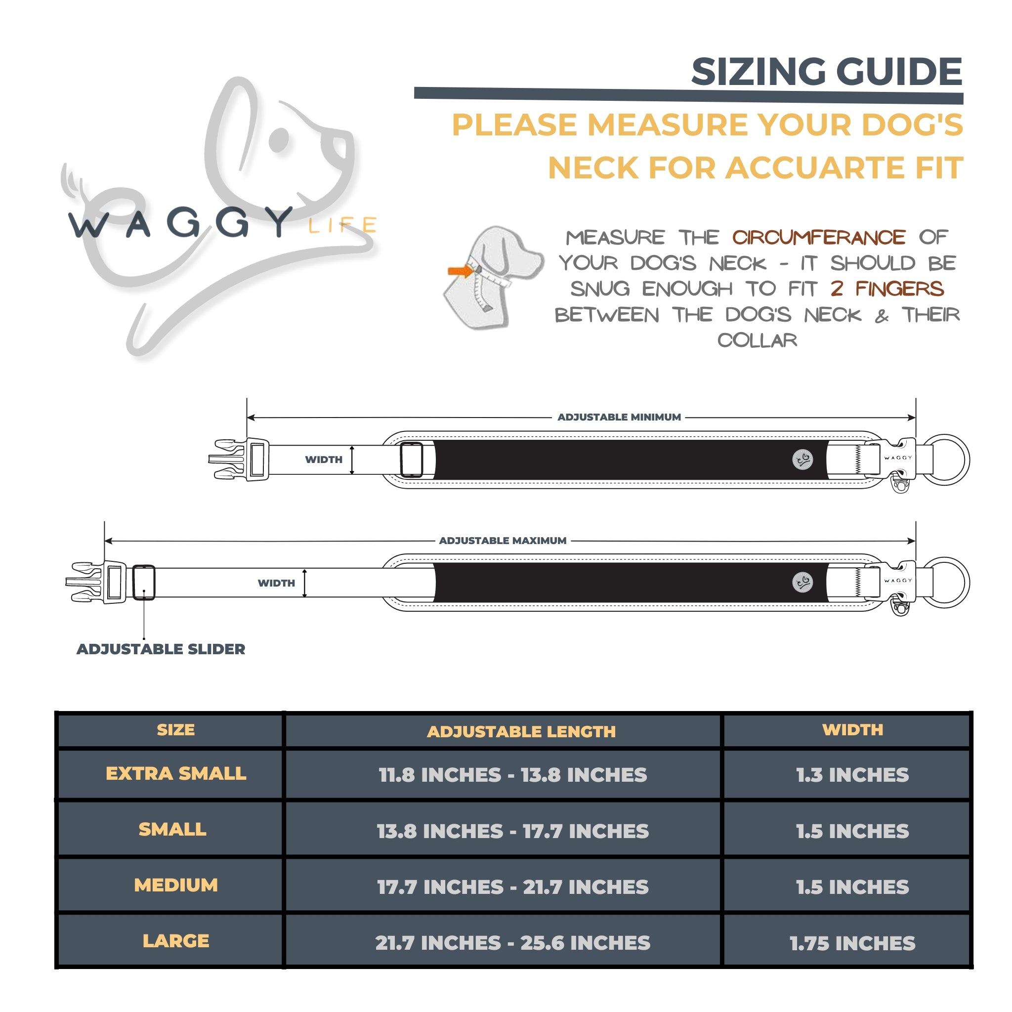 Waggy Air Mesh dog collar sizing guide details.  Air Mesh dog collar illustration showing adjustable minimum/maximum and adjustable slider. Measure the circumference of your dog&#39;s neck for accurate fit.