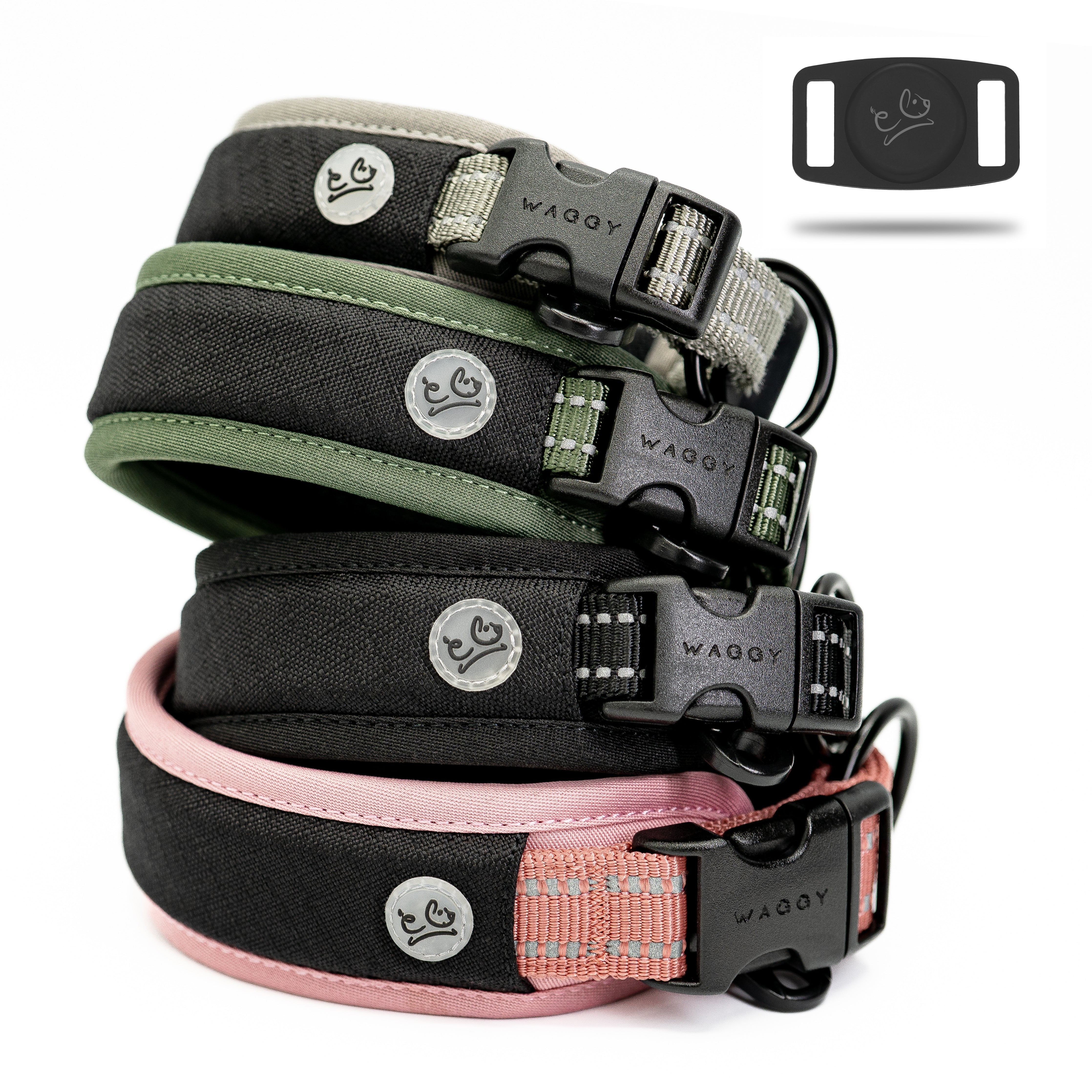 Grey; Green; Black; Pink Air Mesh collar stacked together with Airtag holder on the right corner with Waggy logo