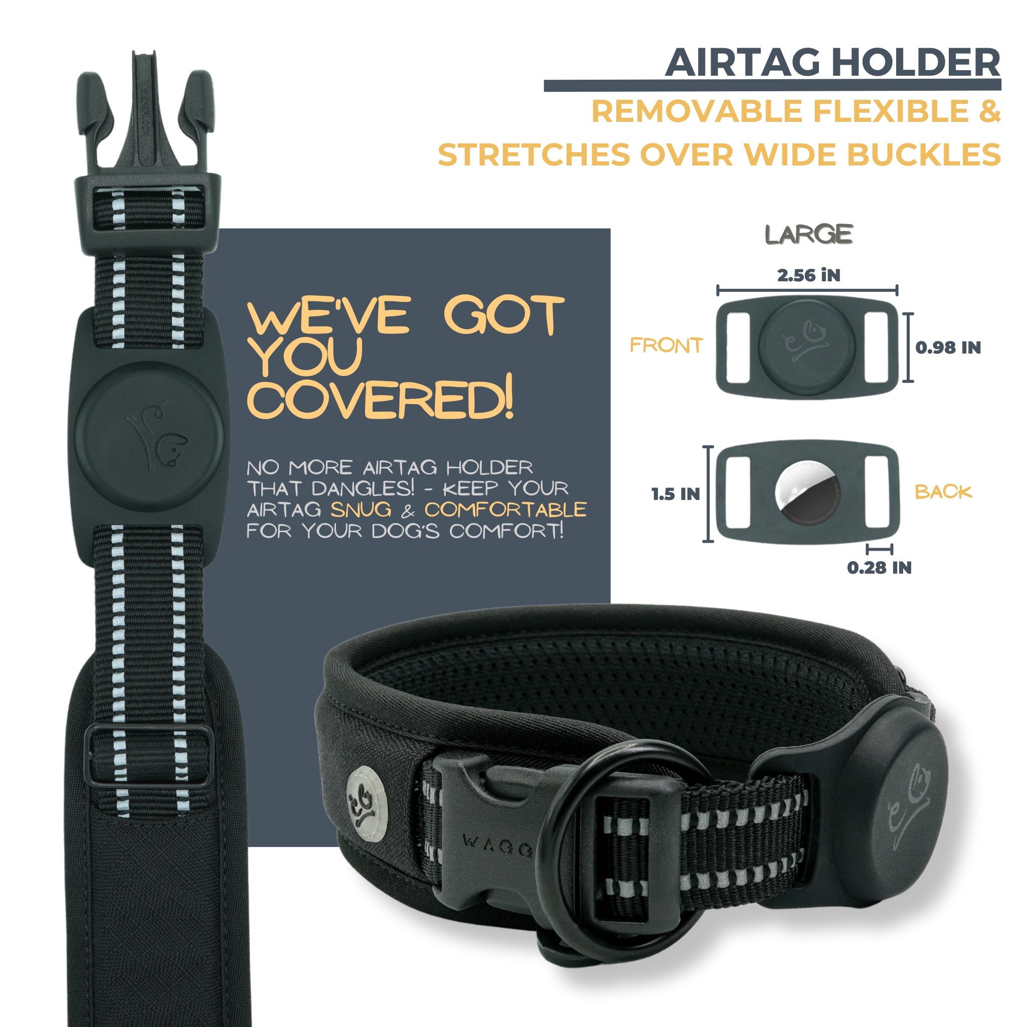 Black Air Mesh dog collar Airtag holder details. Removable; flexible; stretches over wide buckles. Airtag Holder exact measurements and shows a black collar with Airtag holder. No more Airtag holder that dangles. Airtag is to be snug &amp; comfortable for your dog&#39;s comfort.