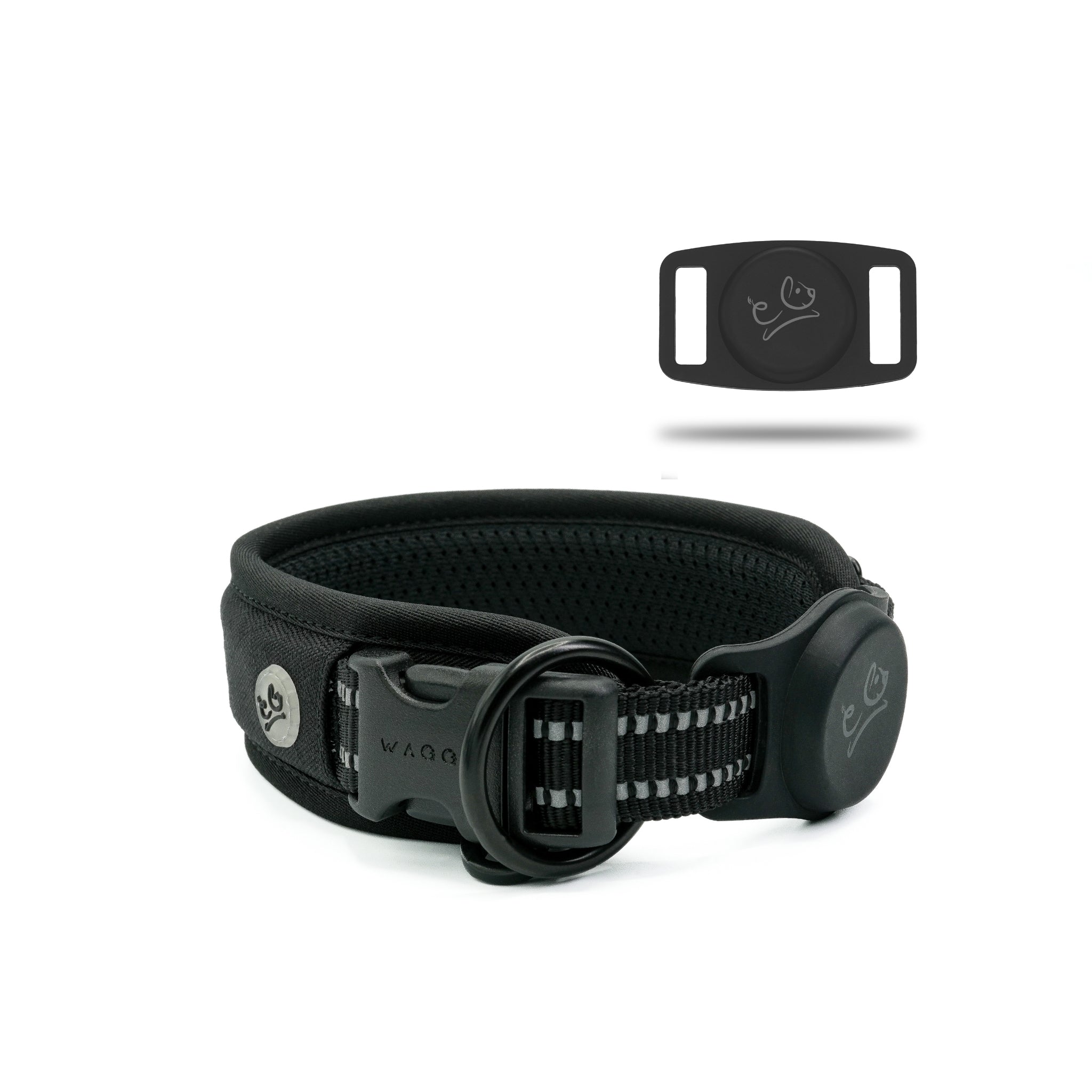 Black Air Mesh dog collar in the center showing details of the 3M reflective stitching  &amp; airtag holder attached to the collar. Airtag holder on the right corner with Waggy logo. 