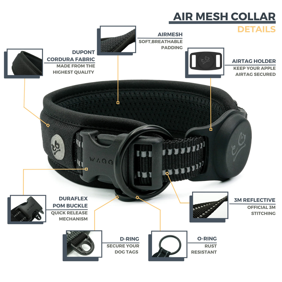 Air Mesh Padding Airtag Dog Collar Air Mesh Ultra Soft Padded 3M Reflective Collar (Bla ...