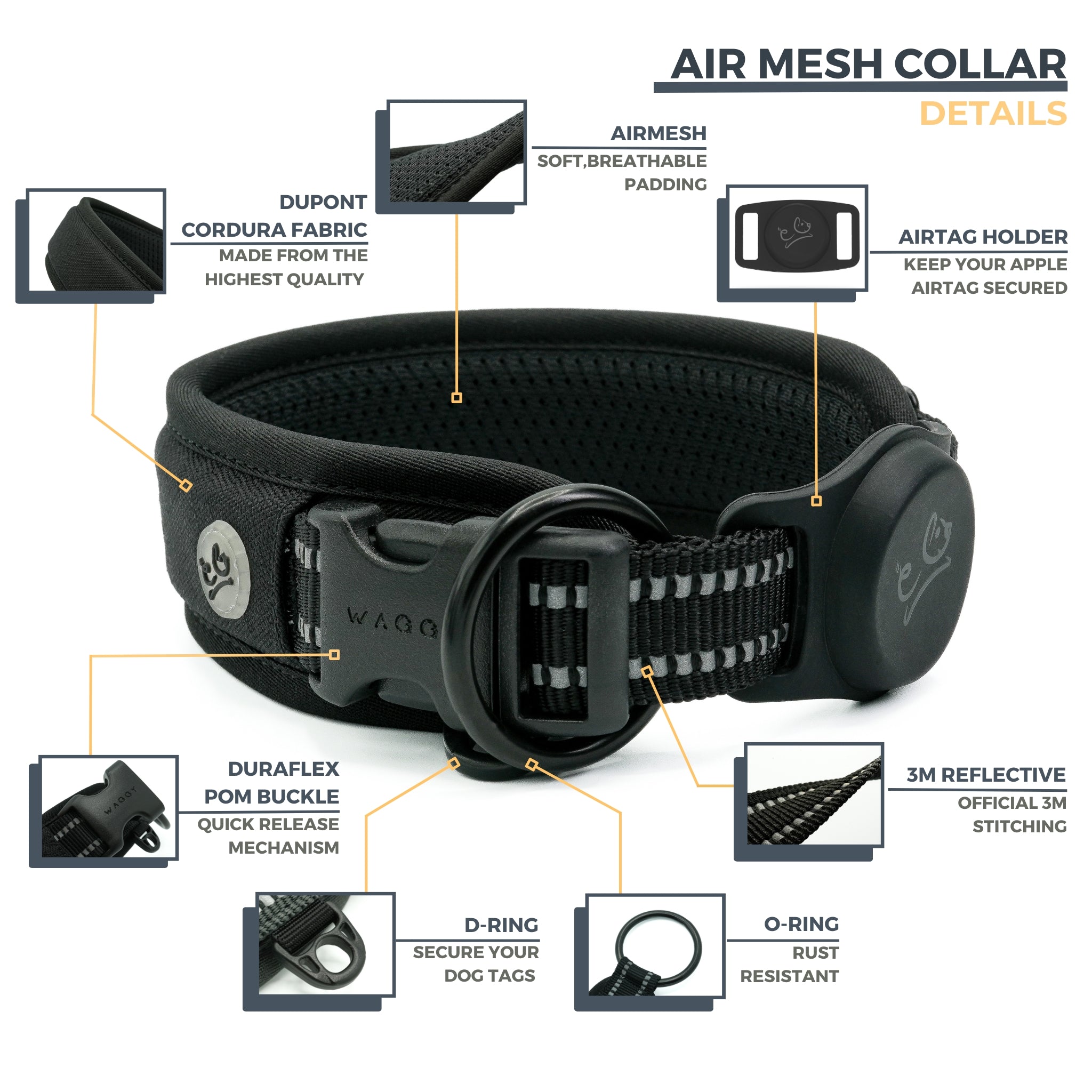 7 features &amp; details regarding Black Air Mesh dog collar.  Dupont Cordura Fabric; Air Mesh padding; Airtag Holder; Duraflex buckle; D-ring; O-ring; 3M Reflective stitching with short description and close up images.