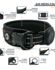 7 features & details regarding Black Air Mesh dog collar.  Dupont Cordura Fabric; Air Mesh padding; Airtag Holder; Duraflex buckle; D-ring; O-ring; 3M Reflective stitching with short description and close up images.