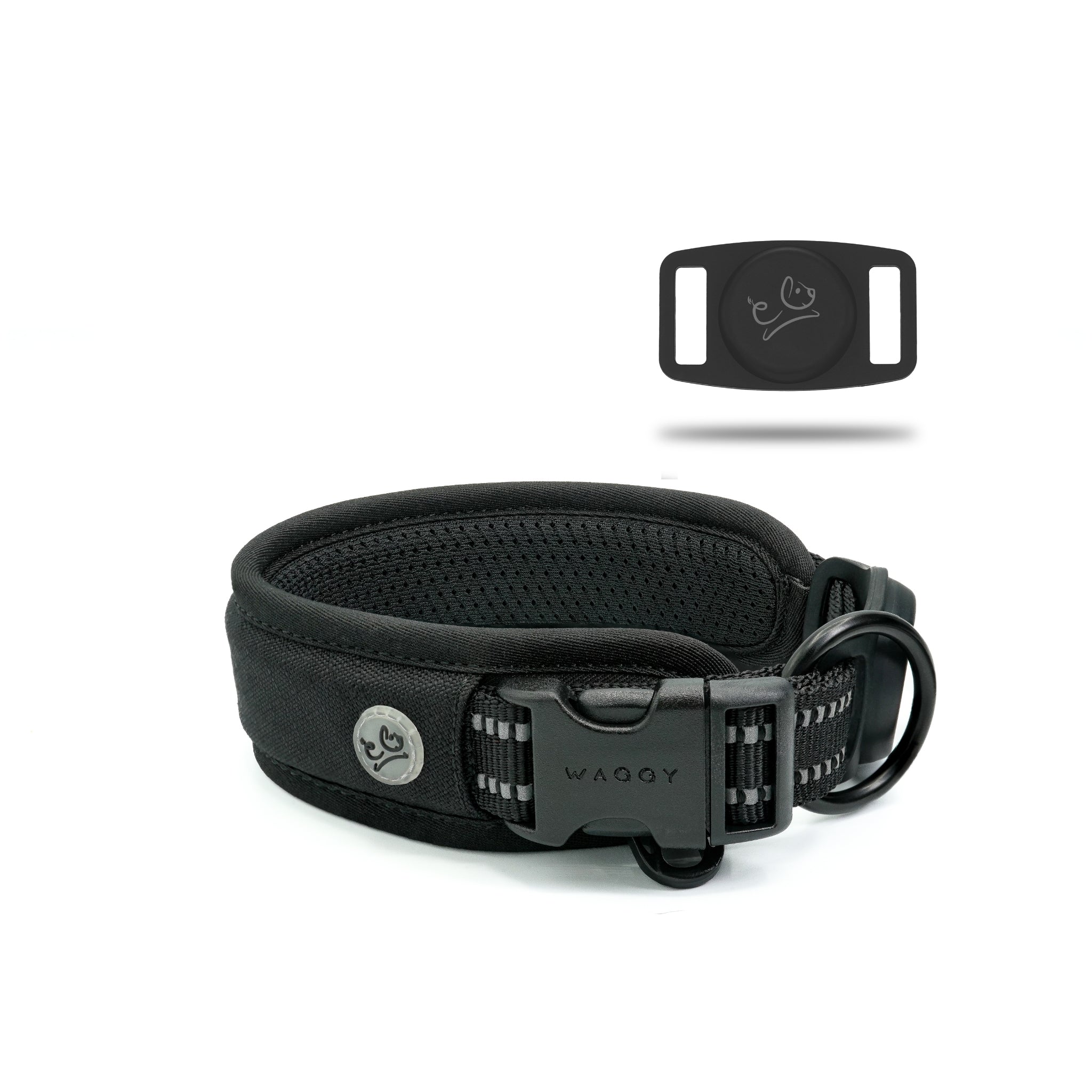 Front of the black Air Mesh dog collar showing the inside of the air mesh padding. Airtag holder on the right corner displaying Waggy logo.