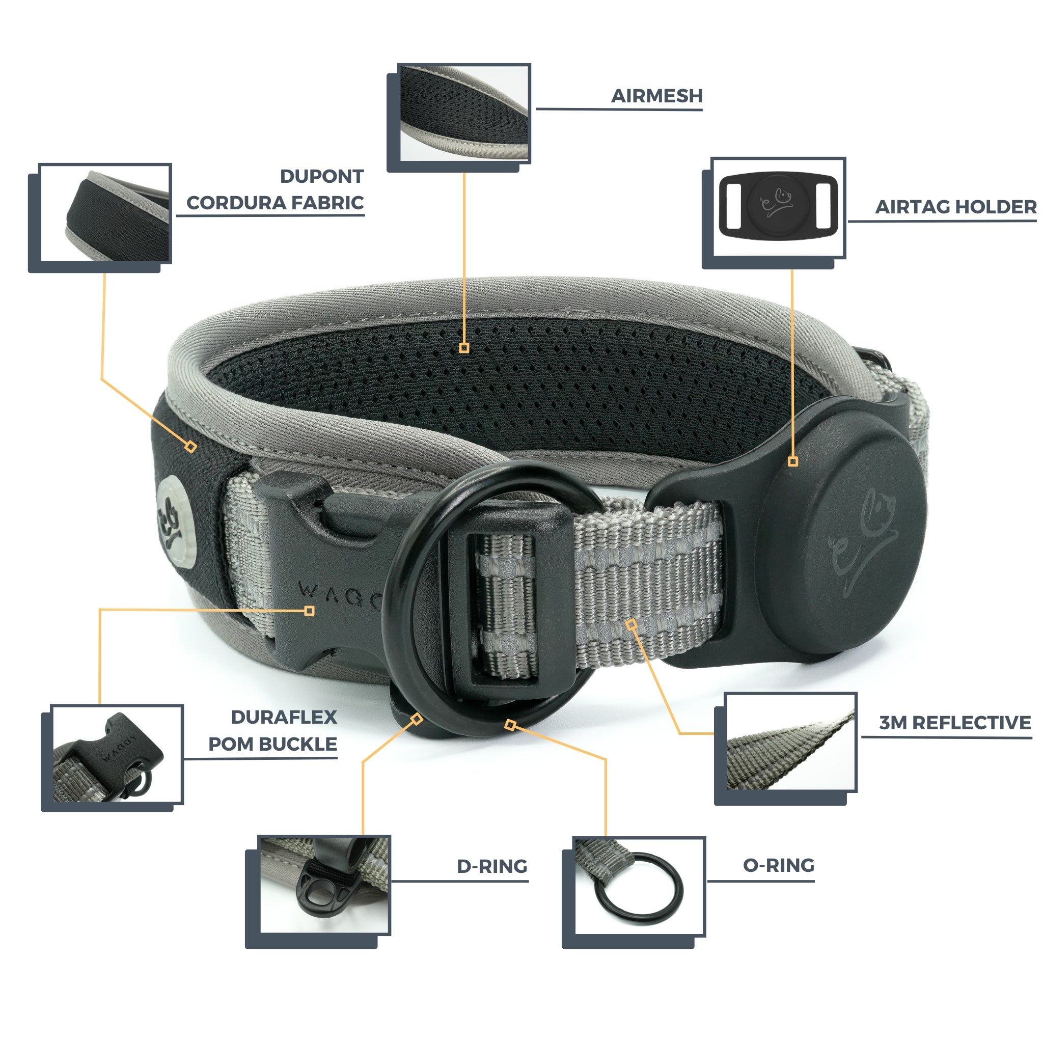Grey Air Mesh collar showing all the details. 7 different features: Dupont Cordura Fabric; Air Mesh; Airtag Holder; Duraflex buckle; D-ring; O-ring; 3M reflective