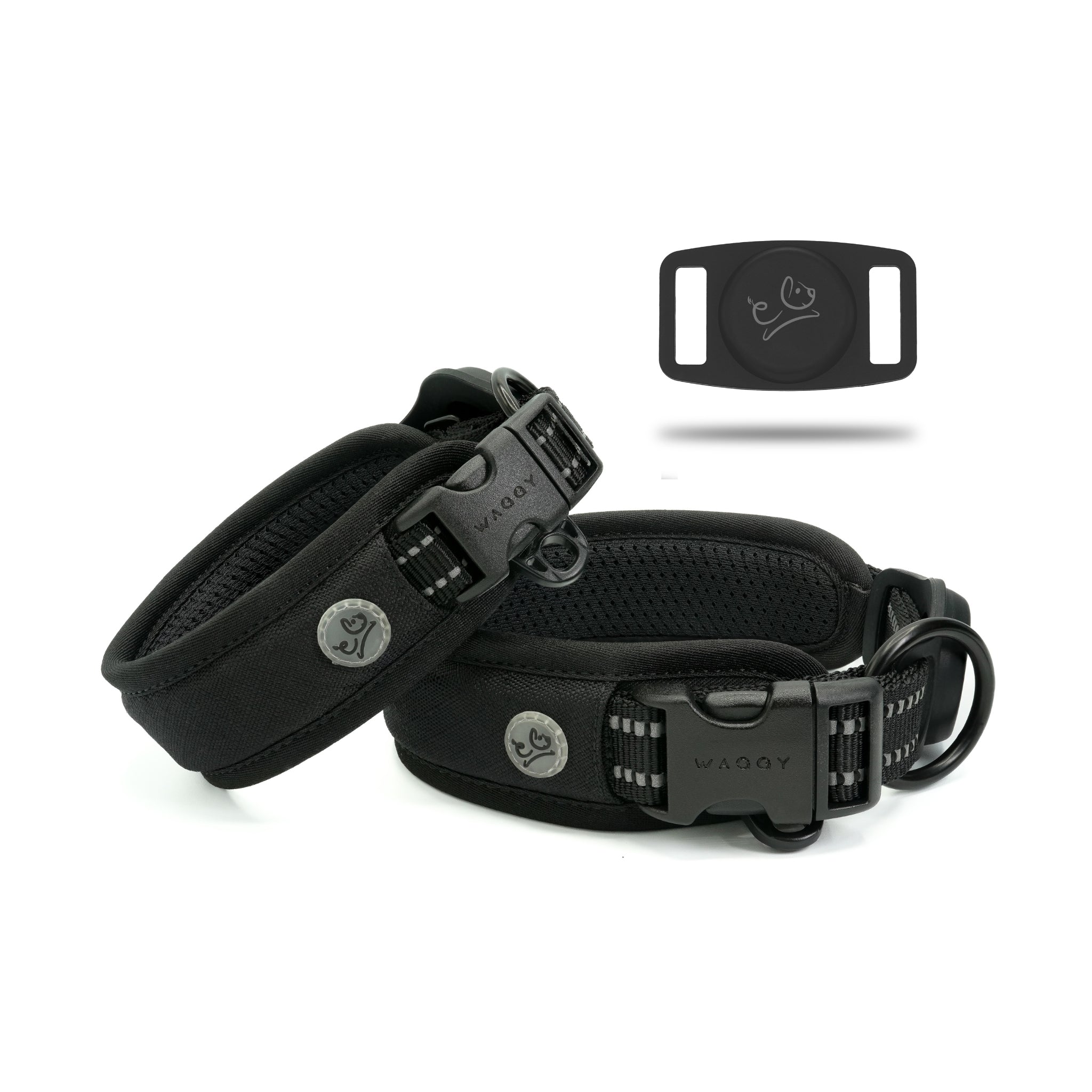 Two different size black Air Mesh dog collar showing details and different angels of the product centered. Airtag Holder with Waggy logo showing on the right corner.