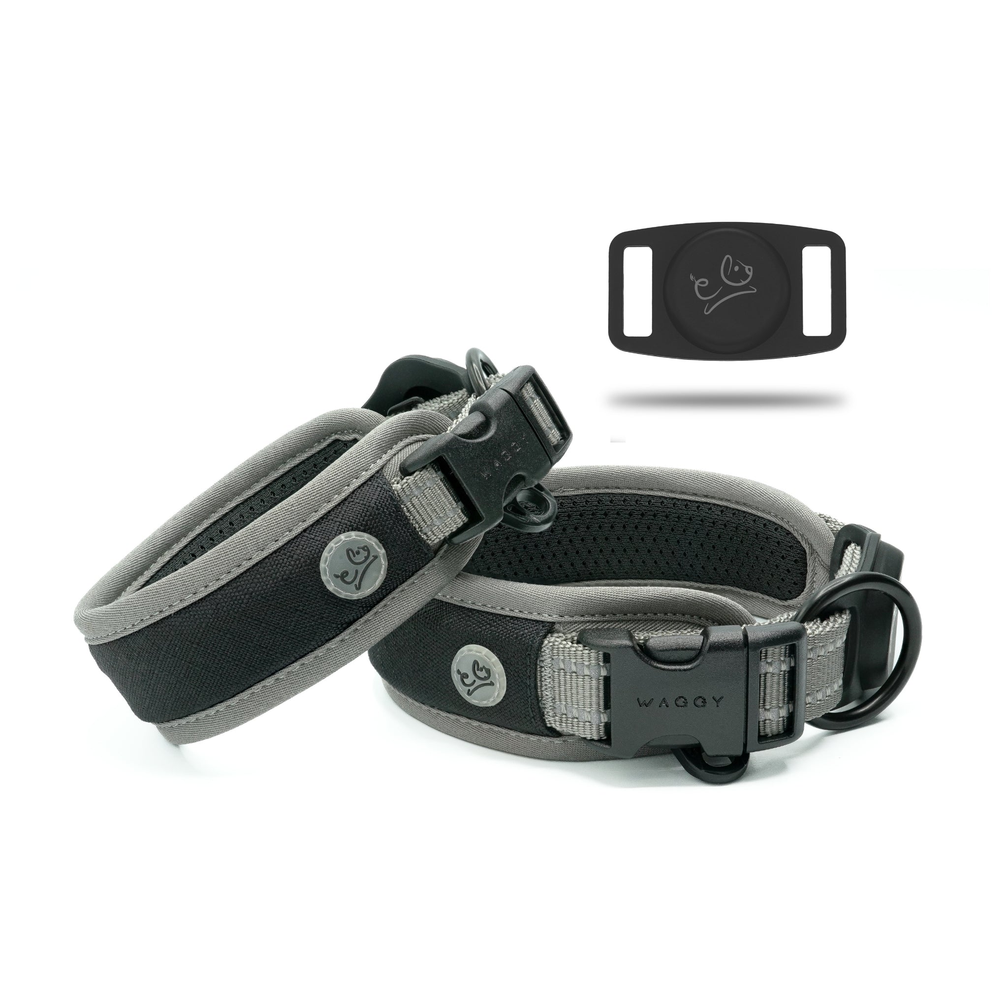 Two different size grey Air Mesh dog collar showing details and different angels of the product centered. Airtag Holder with Waggy logo showing on the right corner.
