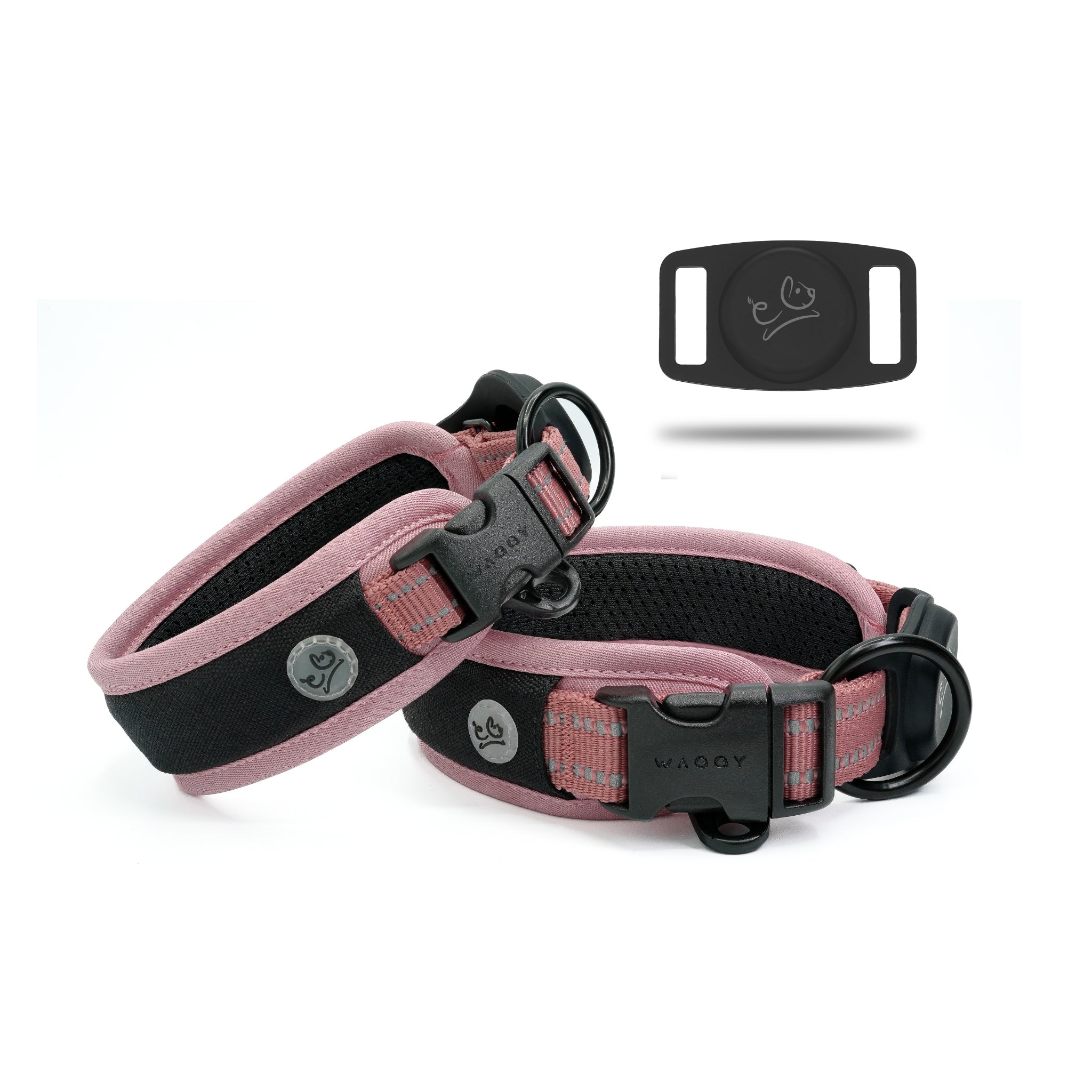 Two different size pink Air Mesh dog collar showing details and different angels of the product centered. Airtag Holder with Waggy logo showing on the right corner.