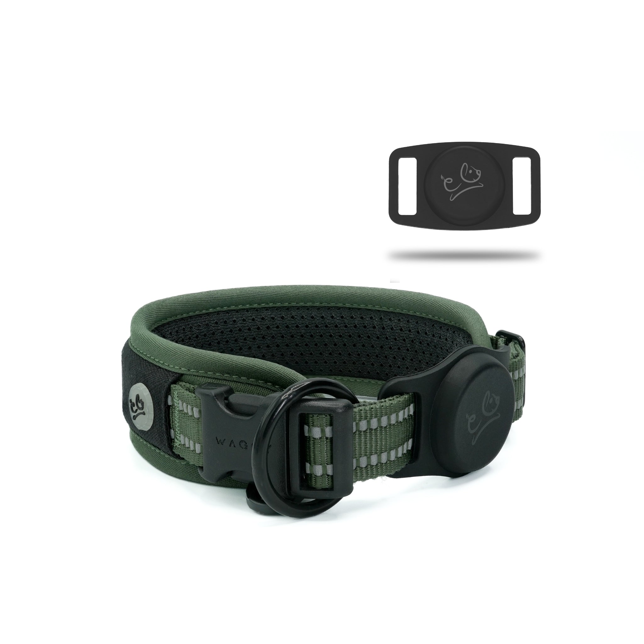 Green Air Mesh dog collar in the center showing details of the 3M reflective stitching & airtag holder attached to the collar. Airtag holder on the right corner with Waggy logo.