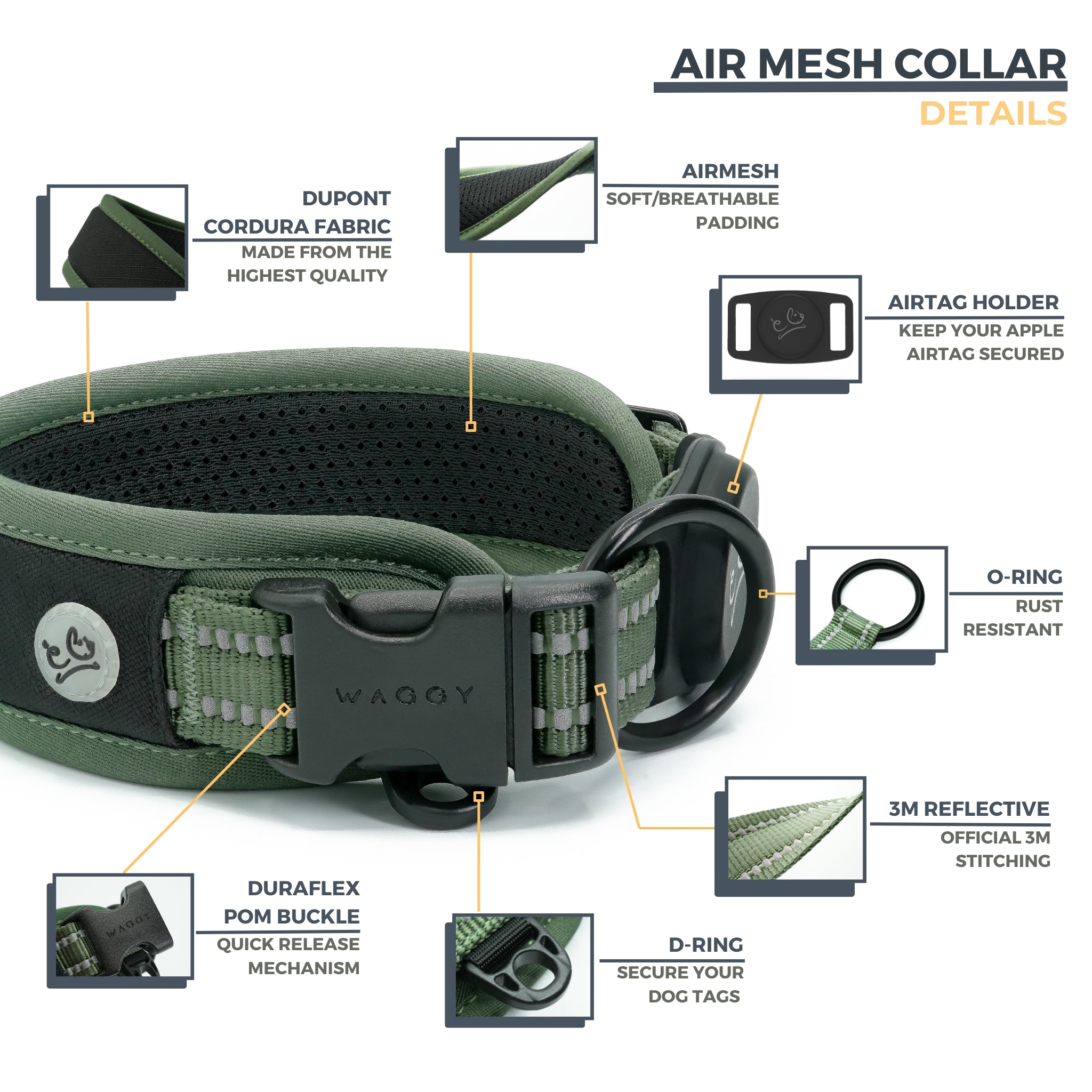 7 features & details regarding Green Air Mesh dog collar. Dupont Cordura Fabric; Air Mesh padding; Airtag Holder; Duraflex buckle; D-ring; O-ring; 3M Reflective stitching with short description and close up images.