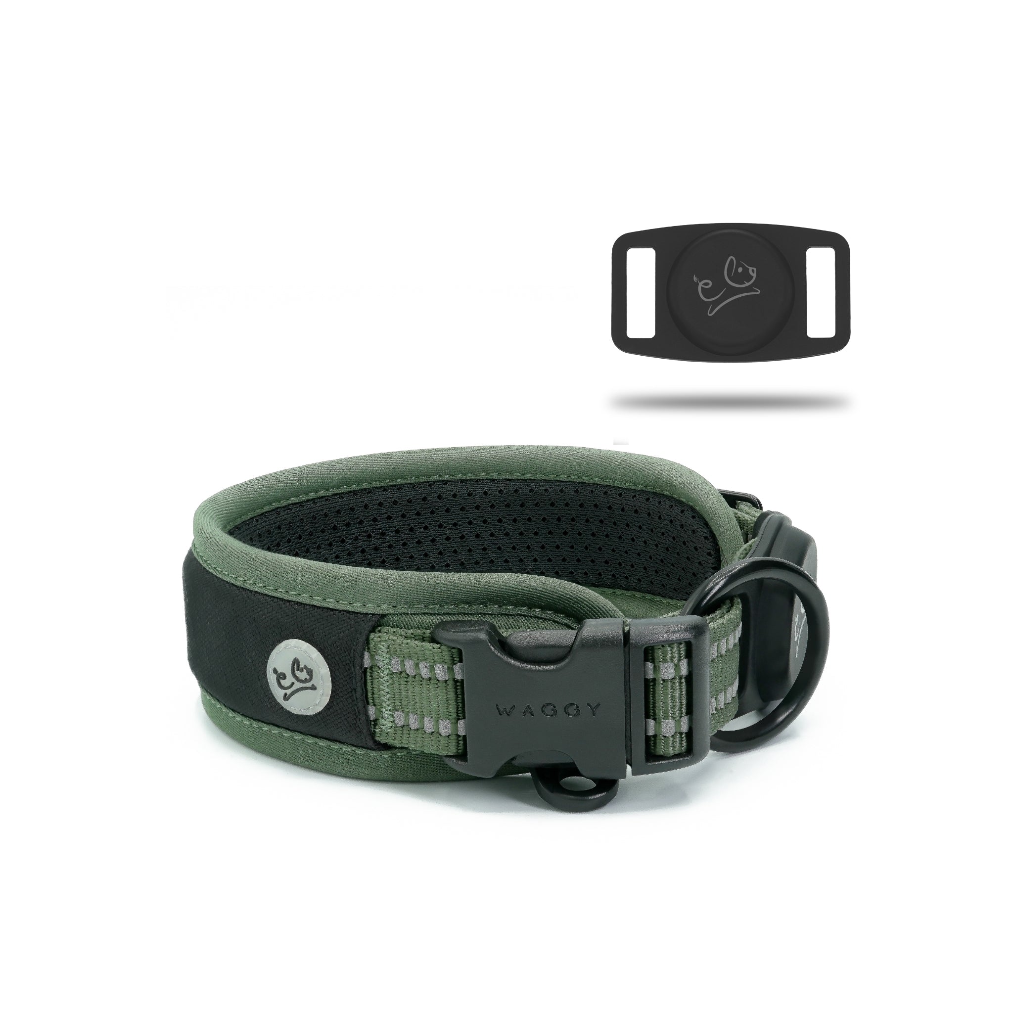 Front of the green collar showing the inside of the air mesh padding. Airtag holder on the right corner displaying Waggy logo.