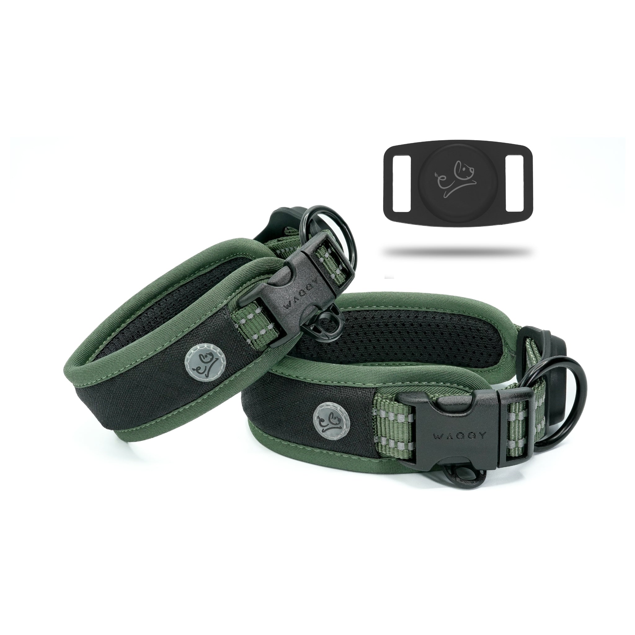 Two different size Green Air Mesh dog collar showing details and different angels of the product centered. Airtag Holder with Waggy logo showing on the right corner.