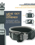 Grey Air Mesh dog collar Airtag holder details. Removable; flexible; stretches over wide buckles. Airtag Holder exact measurements and shows a black collar with Airtag holder. No more Airtag holder that dangles. Airtag is to be snug & comfortable for your dog's comfort.