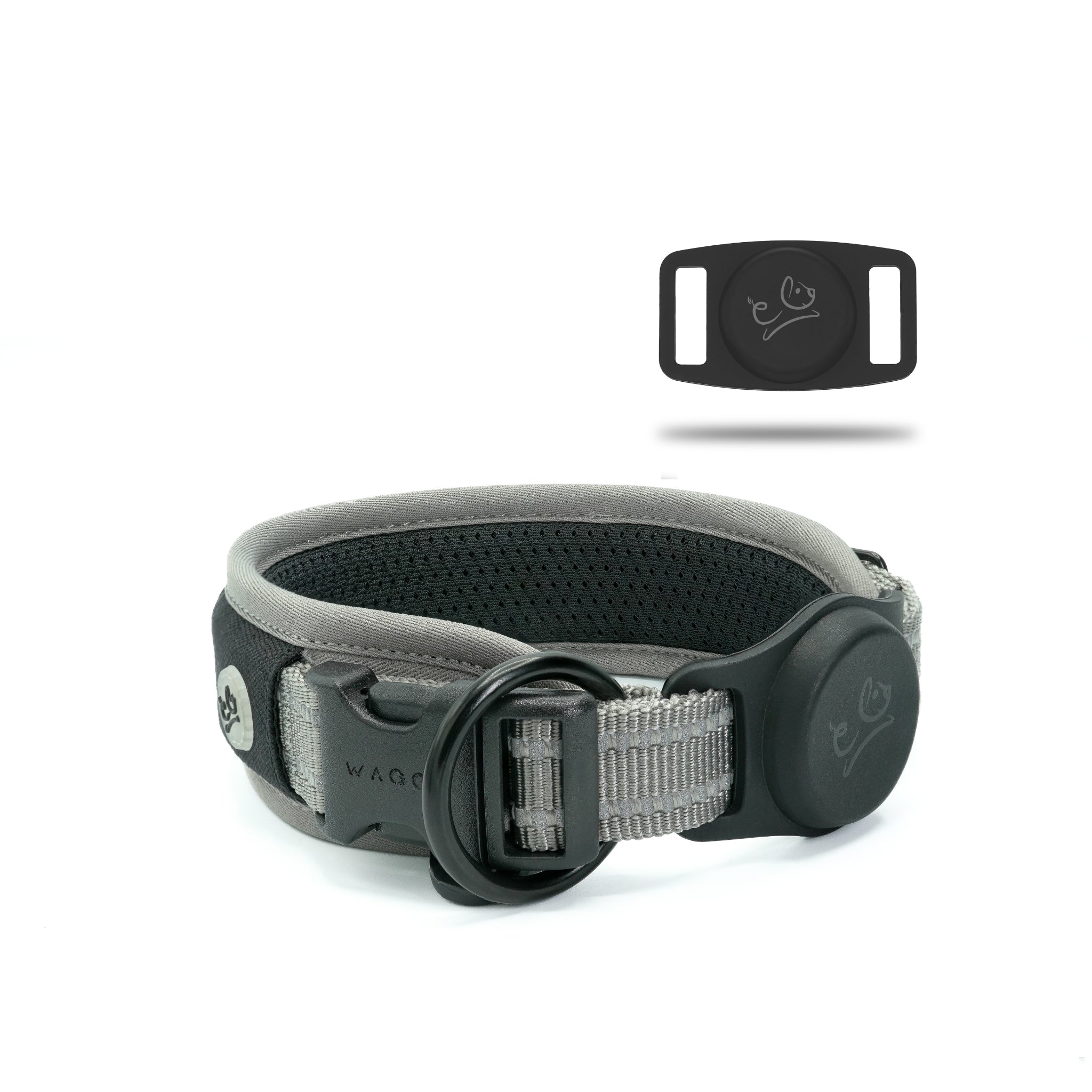 Grey Air Mesh dog collar in the center showing details of the 3M reflective stitching &amp; airtag holder attached to the collar. Airtag holder on the right corner with Waggy logo.