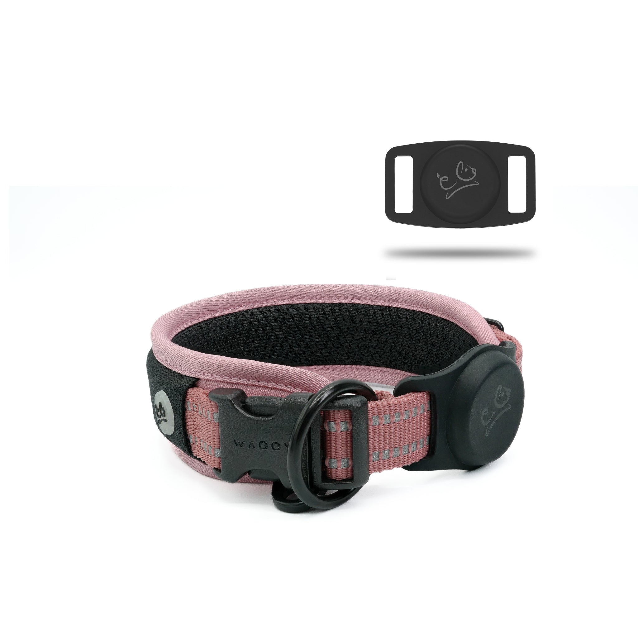 Pink Air Mesh dog collar in the center showing details of the 3M reflective stitching & airtag holder attached to the collar. Airtag holder on the right corner with Waggy logo.