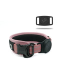 Pink Air Mesh dog collar in the center showing details of the 3M reflective stitching & airtag holder attached to the collar. Airtag holder on the right corner with Waggy logo.