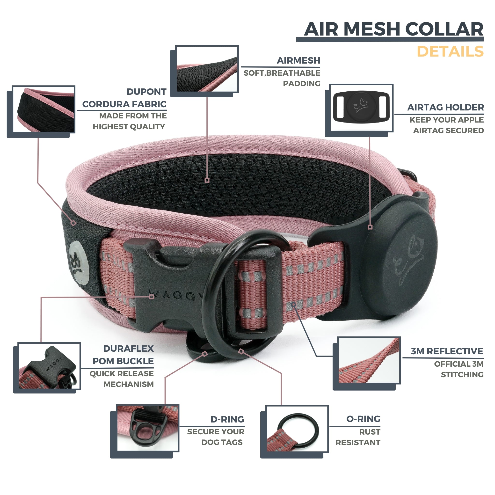 7 features & details regarding Pink Air Mesh dog collar. Dupont Cordura Fabric; Air Mesh padding; Airtag Holder; Duraflex buckle; D-ring; O-ring; 3M Reflective stitching with short description and close up images.