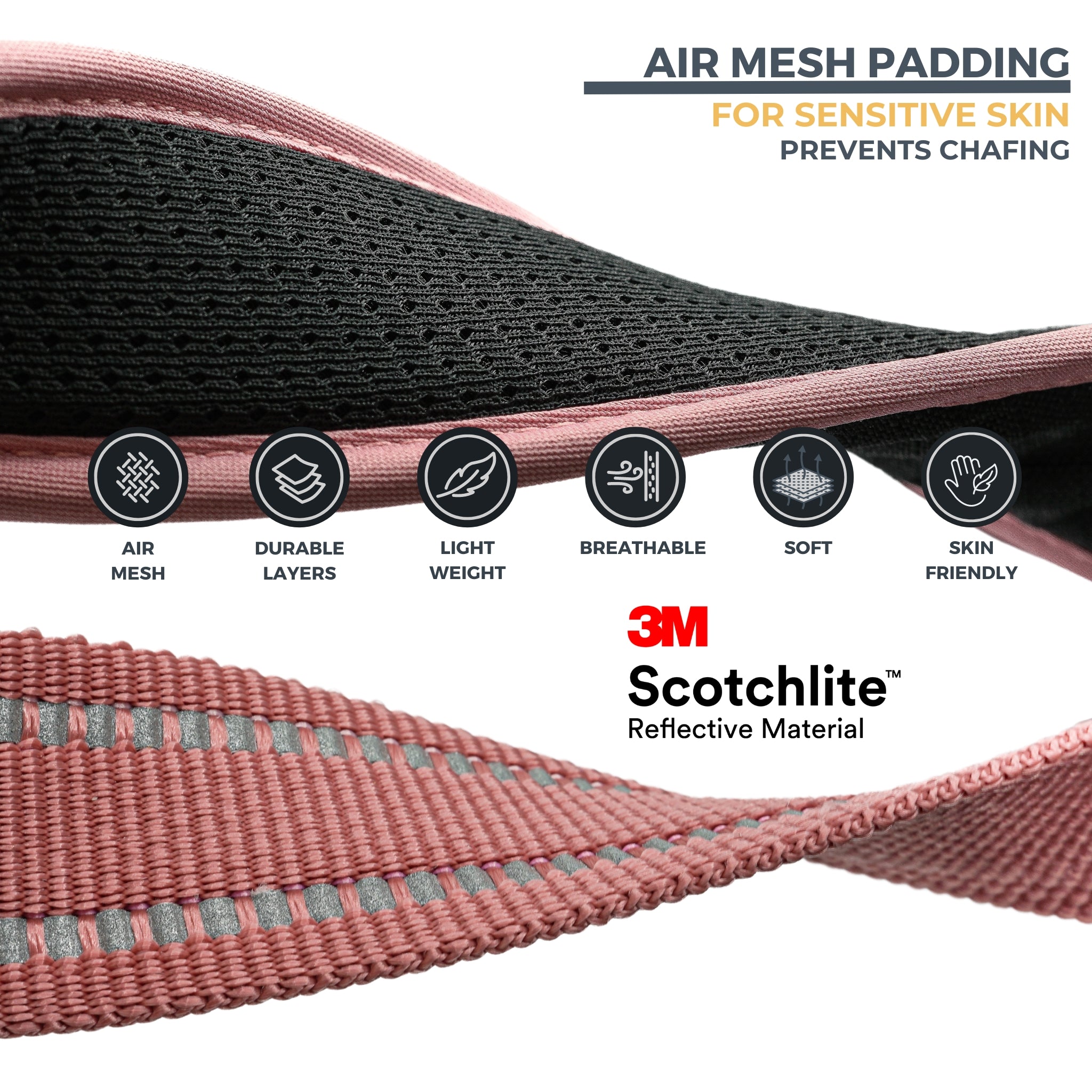 Pink Air Mesh collar close up details regarding Air Mesh padding with 6 icons showing benefits: Air Mesh; durable layers; light weight; breathable; soft; skin friendly. For sensitive skin, and prevents chafing. Close up details regarding 3M reflective stitching.